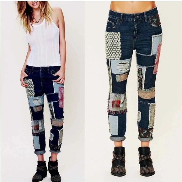 Free People Denim - FREE PEOPLE Patched patchwork slim slouch jeans size 30
